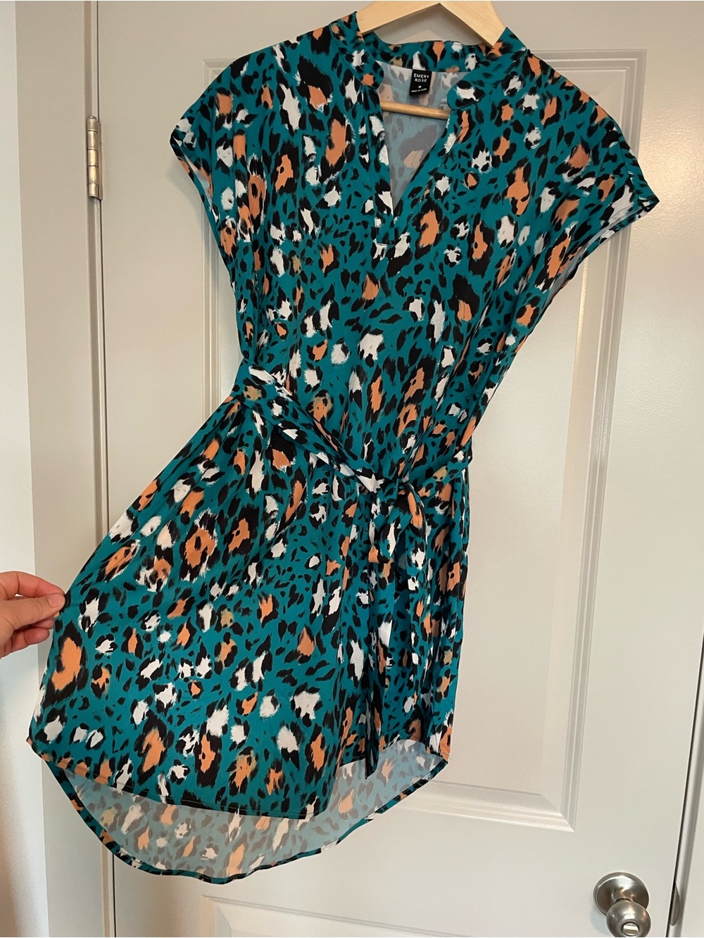 Teal Leopard Print Mini Dress with Self Tie Waist - Picture 2 of 5